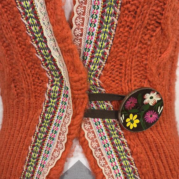 Free People Womens Wool Blend Ribbon Detail Hooded Cardigan Medium Orange Chrty - Picture 2 of 12